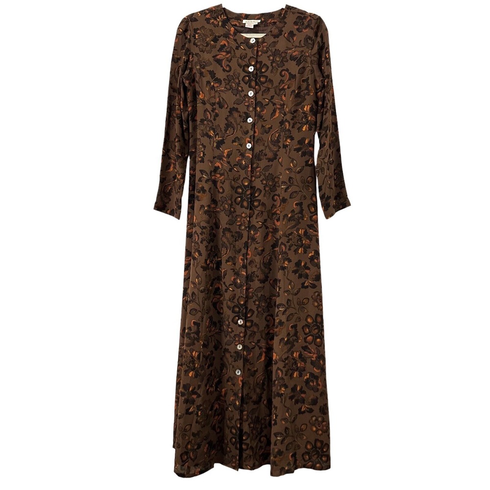 Anthropologie Isabella Bird 100% Silk Brown Floral Button Front Maxi Dress Sz 6
